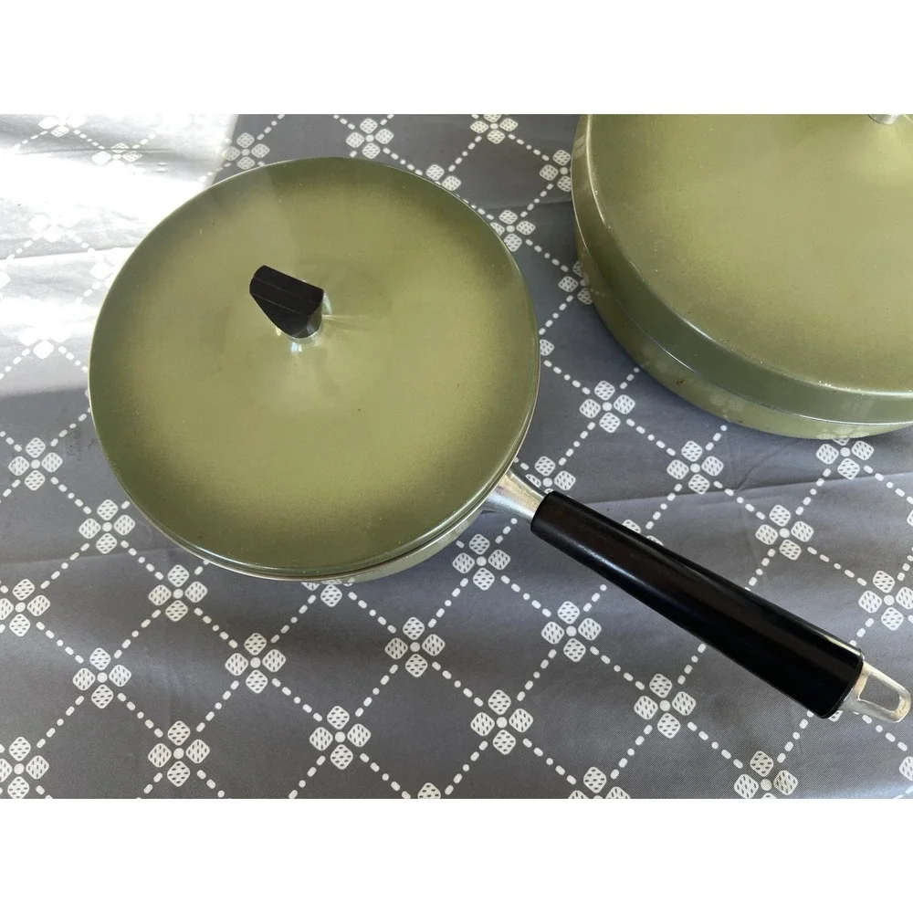 Vintage Avocado Green MCM Cookware Set Skillet Saucepan with Lids 2 Piece Set